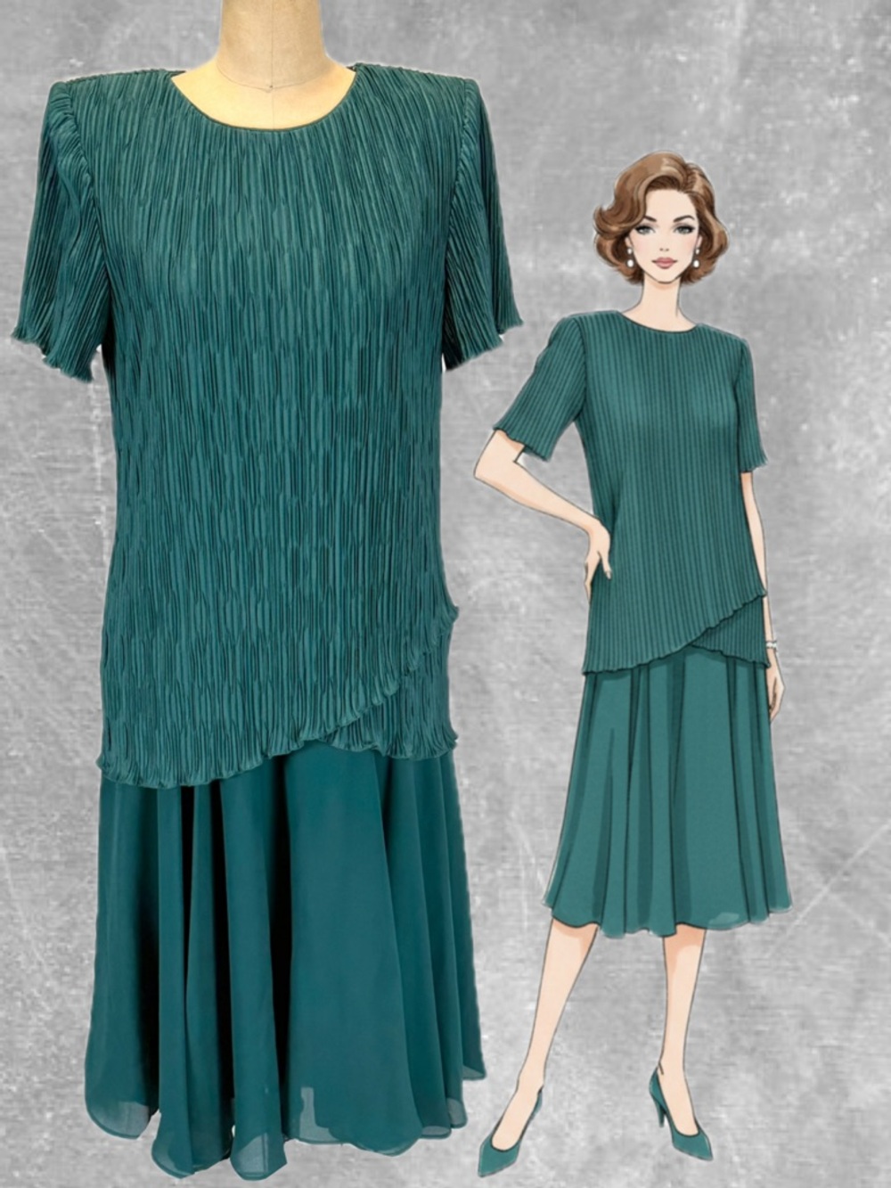 VINTAGE 80s‎ forest spruce green formal dress midi short sleeve pleated wedding